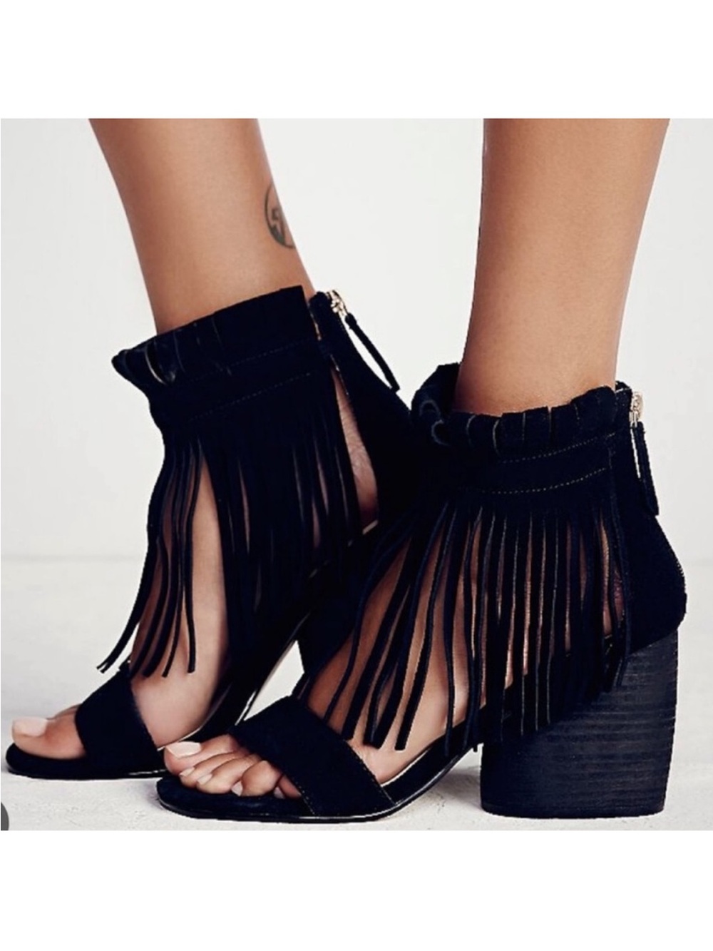 Revolve MATIKO | Morgan Black Suede Fringe Boho Block Heel Sandal Shoe EU 36